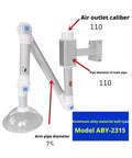 Slick Wall Mount Fume Extractor Hood With Adjustable Aluminum Arms And 360 Degree Tilt showing air outlet and arm diameter.