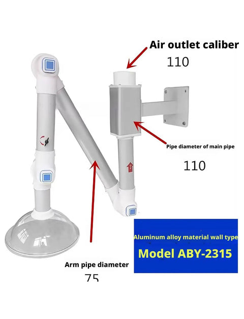 Slick Wall Mount Fume Extractor Hood With Adjustable Aluminum Arms And 360 Degree Tilt showing air outlet and arm diameter.