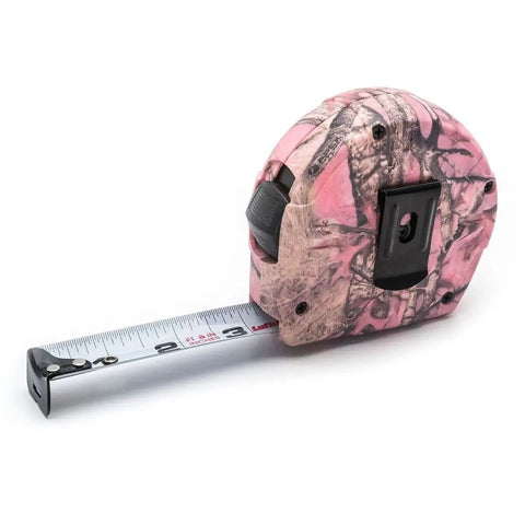 Power Tape Measure 1 Inch By 25 Feet Pink Camo, Pro Grade Construction Tool showing pink camouflage design and extended tape.