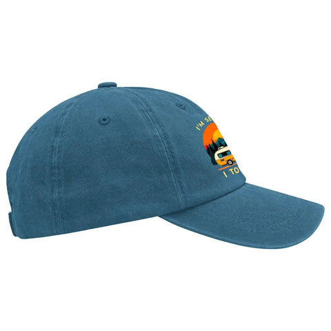 Side view of Im Sexy And I Tow It Vintage Camping RV Camper Truck Hat For Men Funny Adjustable Cap with sun graphic.