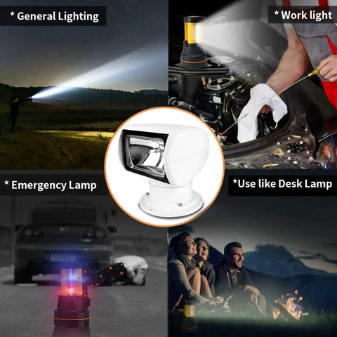 Collage of uses showcasing 12V 100W Xenon Marine Spotlight With Remote Control, outdoor scenes and mechanical work