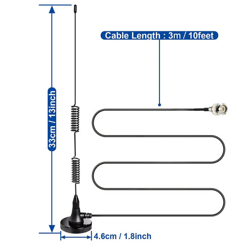Wide Range Police Scanner Antenna With Magnetic Base For 20 To 1300 MHz Ham Radio VHF UHF Two Way Radios BNC Male Connector Ideal For Uniden Bearcat Whistler And Radio Shack Scanners showing coiled wire and BNC connector, cable length 3m