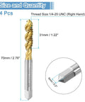 4 Pc Titanium Coated Spiral Flute Thread Taps For 1/4-20 UNC H2 Screws, 31mm length, high speed steel for precision work.