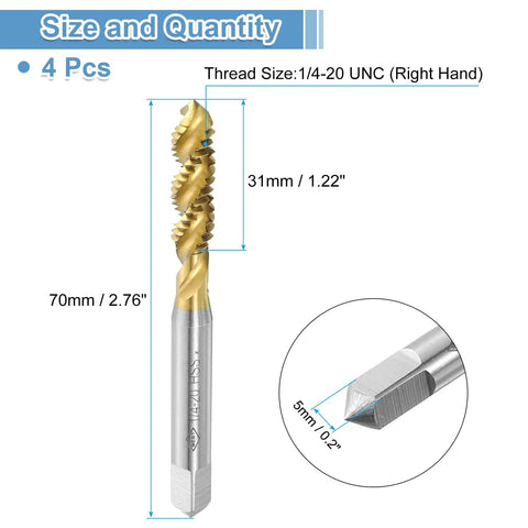 4 Pc Titanium Coated Spiral Flute Thread Taps For 1/4-20 UNC H2 Screws, 31mm length, high speed steel for precision work.
