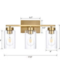 Clean Three Light Bathroom Vanity Wall Sconce In Smooth Brushed Gold Finish With Clear Retro Glass Shades dimensions diagram