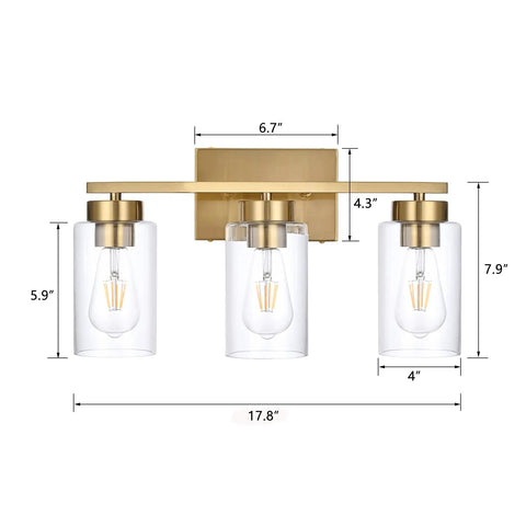 Clean Three Light Bathroom Vanity Wall Sconce In Smooth Brushed Gold Finish With Clear Retro Glass Shades dimensions diagram