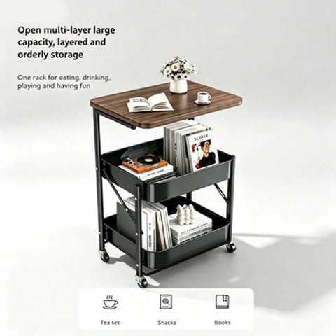 Versatile 2 Tier Rolling Utility Cart With Solid Wood Top And Reinforced Steel Mesh Basket Hella Sturdy Storage Trolley Smooth Glide Kitchen Organizer And Small Space Daily Flex, featuring open storage and a wood surface.