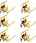 Six Piece Satin Brass Gold Door Handle Set With Passage Levers Without Lock For Interior Doors Built To Last Heavy Duty Levers