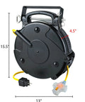 Heavy Duty Retractable Extension Cord Reel With Triple Tap Outlet Seventy Five Foot Site Ready Power Hub, 15.5 inches tall.