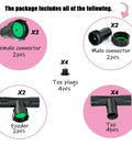Image showing contents of Three Eighths Inch Soaker Hose Fittings Kit With Female And Male Connectors, Tees, Feeders, Tee Plugs.