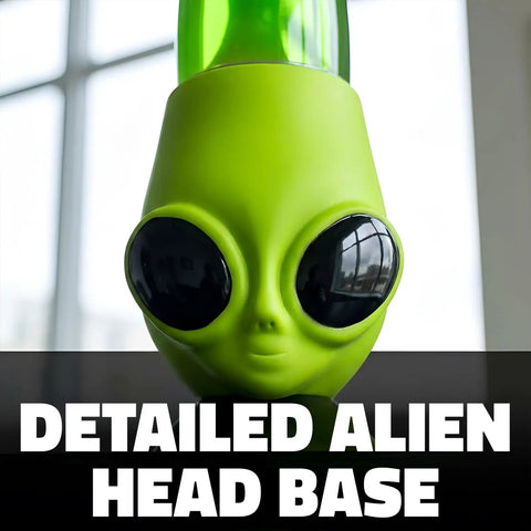 Close-up of the alien head base of 13 Inch Alien Head Wax Motion Lamp With Swirling Color Lights in green.