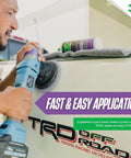 Man using All In One Car Polish And Wax That Corrects Scratches And Swirls Provides Clear Coat Safe Sealant And A High Gloss Finish Easy One Step Application 16oz Made In USA with buffer on vehicle