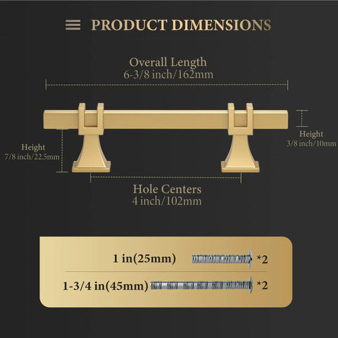Product dimensions for Badass Gold Cabinet Handles With Brushed Brass Finish, showcasing size and hole centers.