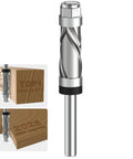 Front view of carbide flush-trim router bit with 1/4 in shank, 1/2 in cutting dia, 1 in cutting length, top and bottom bearings (Amazon)