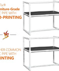 Comparison of furniture-grade vs common PVC pipes used in a double-shelf setup, highlighting no-printing feature and sturdiness.