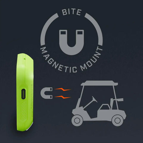 Phantom 3 Slope GPS Handheld For Golf With 38,000+ Courses, side view with magnetic mount illustration and golf cart icon