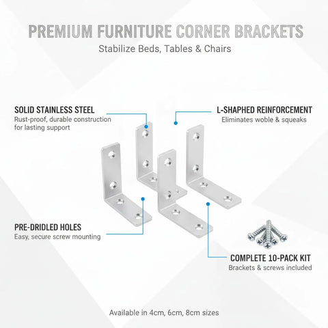 Diagram showcasing Beefy Heavy Duty L Shaped Corner Brackets Set Of 10 With Screws For Bed Frames Tables And Chairs Rust Resistant Stainless Steel To Stop Wobble And Keep Joints Solid.