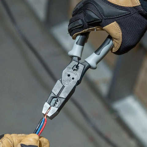 9 Inch Journeyman High Leverage Side Cutting Pliers With Crimper Fish Tape Puller And Wire Stripper Pro Grade Electrician Tool in use