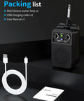 Compact 5W Practice Guitar Amp With Bluetooth And Rechargeable Battery shown with USB cable and manual