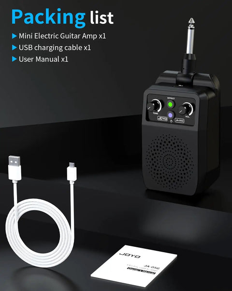 Compact 5W Practice Guitar Amp With Bluetooth And Rechargeable Battery shown with USB cable and manual