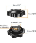 Dimensions of Six Pack M6 Star Knobs With 38mm Plastic Head and Brass Insert 6 Point Star Grip Non Through Hole Screw In Threaded Hand Knobs