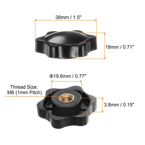 Dimensions of Six Pack M6 Star Knobs With 38mm Plastic Head and Brass Insert 6 Point Star Grip Non Through Hole Screw In Threaded Hand Knobs