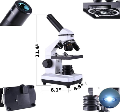 40X-2000X Microscope For Students And Adults, Home School Lab Kit dimensions and details, highlighting eyepiece and objective lenses.