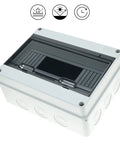 12 Way Circuit Breaker Distribution Box Waterproof IP65 Enclosure For Outdoor And Indoor Use With DIN Rail Mount PC ABS Built Tough Durable MCB Power Protection Box 10.2 X 4.3 X 7.9 Inches, front view with closed cover.