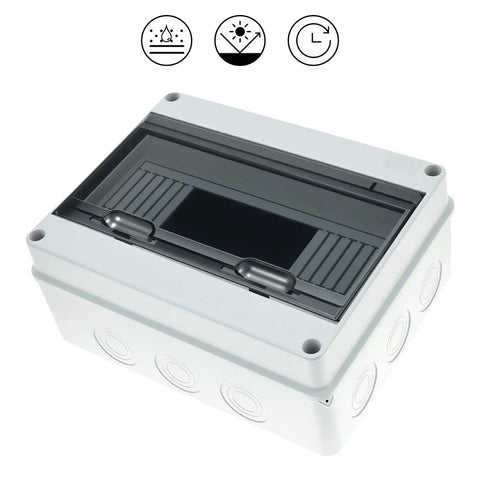 12 Way Circuit Breaker Distribution Box Waterproof IP65 Enclosure For Outdoor And Indoor Use With DIN Rail Mount PC ABS Built Tough Durable MCB Power Protection Box 10.2 X 4.3 X 7.9 Inches, front view with closed cover.