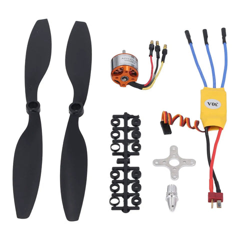 A2212 13T Brushless Motor Kit with 1000KV 30A ESC and propellers for 550 RC planes, drones, quadcopters, power pack shown