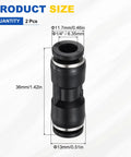2 Pack Pneumatic Straight Fitting One Quarter Inch To One Quarter Inch Tube OD Plastic Union Push To Connect Fittings For Air Lines Quick Connect For Factory Pneumatic Systems Black with dimensions