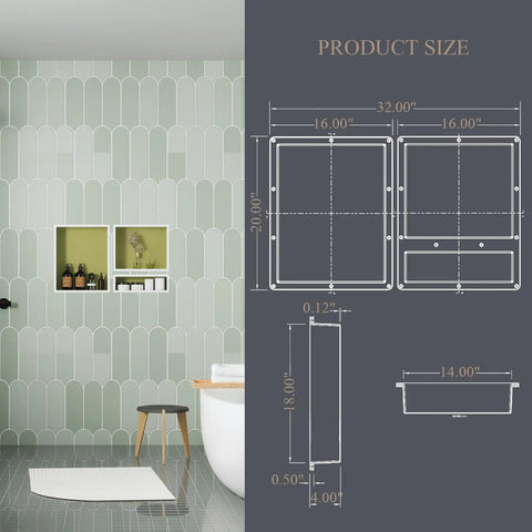 Shower Niche Organizer Set For Tile Ready Bathrooms Durable ABS Recessed Shelf Two Pack With Easy Install and dimensions diagram