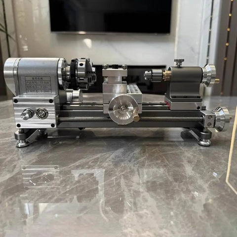 Mini Lathe Machine With 50Mm Chuck And Stepless 0 To 2000 Rpm Speed For Precision Wood And Metalworking Projects on a marble surface.