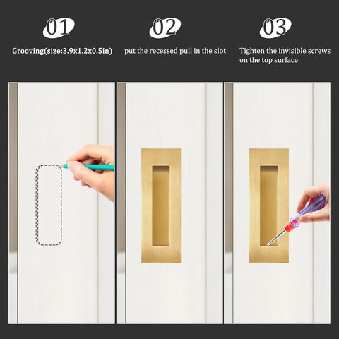 Installation steps for Pocket Door Pull And Edge Pull Set Brushed Gold 6 Inch Handles Hardware Latch Recessed Finger Flush Pulls