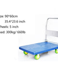 Heavy Duty Platform Cart With Smooth Rollin Wheels And Quick Fold Metal Handle For No Sweat Living Room Moves And Warehouse Grind Supporting Up to 660 Pounds, blue flat deck with 5 inch wheels.