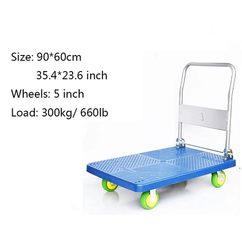 Heavy Duty Platform Cart With Smooth Rollin Wheels And Quick Fold Metal Handle For No Sweat Living Room Moves And Warehouse Grind Supporting Up to 660 Pounds, blue flat deck with 5 inch wheels.