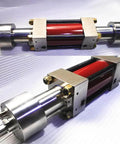 Waterjet intensifier pump assembly, stainless steel with red hydraulic chamber; side and front views