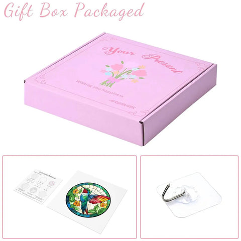 Gift box and components of Colorful Hummingbird Puzzle Suncatcher Kit 83 Piece DIY Acrylic Sun Catcher For Doors Garden And Windows