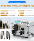 Auto Wire Stripping Machine For Precise Cable Peeling And Cutting Of 0.1 To 4 Mm2 Wires Fast Dual Stripper Cutter Tool, showing controls and wire types.