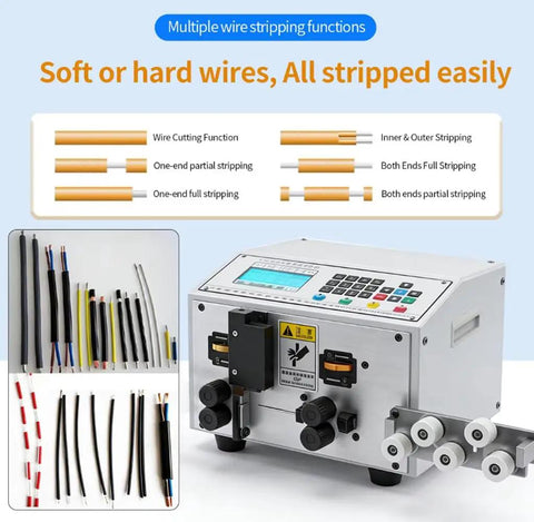 Auto Wire Stripping Machine For Precise Cable Peeling And Cutting Of 0.1 To 4 Mm2 Wires Fast Dual Stripper Cutter Tool, showing controls and wire types.