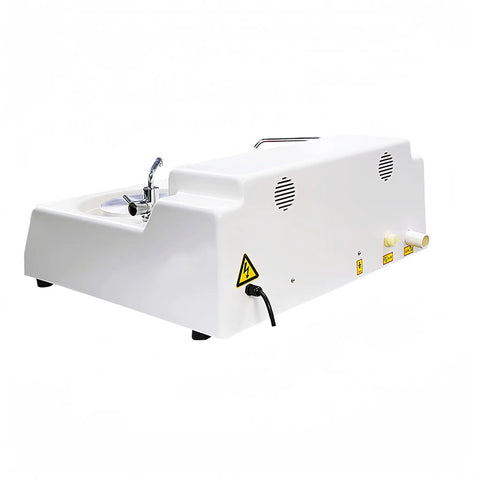 Pro Grade Desktop Double Disk Metallographic Grinding And Polishing Machine with safety labels, side view of white unit