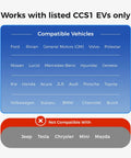 Image showing compatibility list for Tough As Nails Ul 2252 Certified Tesla Supercharger To Ccs1 Adapter with CCS1 EVs.