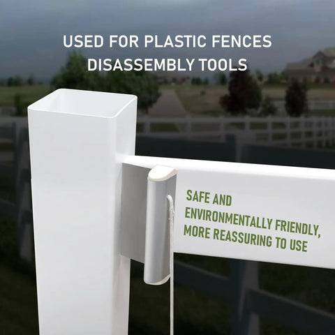 Vinyl Fence Rail Remover Tool for 4X5 Rails in use with plastic fence, showing tool engagement for easy DIY fence tear down.