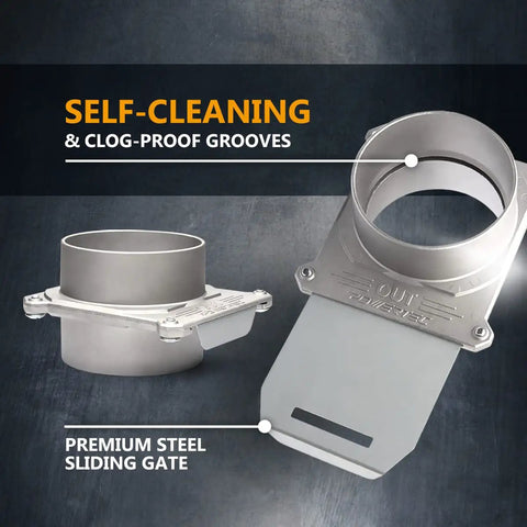 Heavy Duty Aluminum Blast Gate Four Inch Pair Featuring Sleek Anti Clog Seals And Killer Airflow Control That Keeps Your Dust Collection Setup Running Slick with self-cleaning grooves.