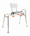 Pro-Slide Shower Chair And Tub Transfer Bench With Cutout, Adjustable Height, Heavy-Duty Up To 400 Lbs Capacity shown with slider arrows