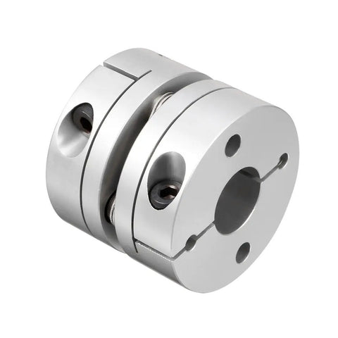 Beefy 12.7mm To 12mm Bore Flexible Diaphragm Motor Shaft Coupling Joint With Clamp Mount, Aluminum Hubs And Stainless Discs, Side View