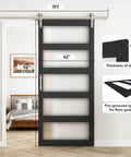Glass Barn Door 42x96 Inch With 5-Panel Frosted Glass, Solid Wood Frame Wrapped In Waterproof PVC Surface, Black Finish, 7-Foot Nickel Sliding Door Hardware Included, Easy Assembly, Modern Farmhouse Living Space Upgrade installed in a bedroom doorway.