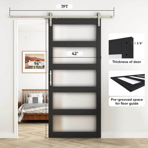 Glass Barn Door 42x96 Inch With 5-Panel Frosted Glass, Solid Wood Frame Wrapped In Waterproof PVC Surface, Black Finish, 7-Foot Nickel Sliding Door Hardware Included, Easy Assembly, Modern Farmhouse Living Space Upgrade installed in a bedroom doorway.