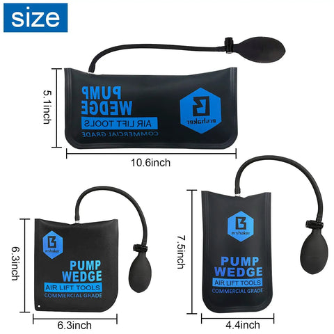 Air Wedge Bag Kit With Pump 3 Pack Pro Grade Leveling And Alignment Tools visible with dimensions and pump size