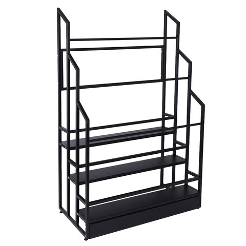 No Fuss Heavy Duty Three Tier Commercial Textile Fabric Roll Organizer Built Like A Tank With Detachable Rods For Vinyl Spools Keeping Your Workroom Tidy And Rolling Right - Black steel, three-tier design.